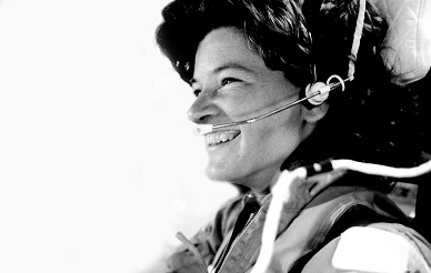 Close up of Sally Ride in astronaut uniform