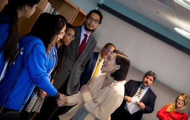 Professor Jennifer MacKinnon, pictured with the Chancellor and Vice Chancellor Petitt and others, was acknowledged for her work in cultivating belonging among early career scientists at Scripps Institution of Oceanography.